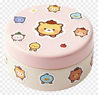 A pink and beige box decorated with cartoon stickers.
