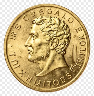 A gold coin with a bearded man's profile.