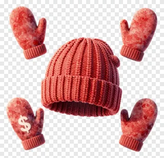 Red knitted beanie and mittens, one mitten has a dollar sign.