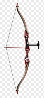 A red metallic bow with an attached arrow.