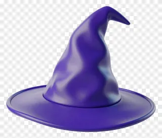 A shiny purple witch hat with a curved brim.