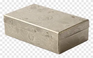 A silver decorative box with embossed floral designs.