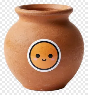Clay pot with a smiling face sticker.