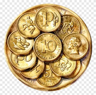 Several stacked gold coins with detailed engravings on their faces.