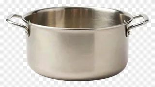 A stainless steel cooking pot with handles.
