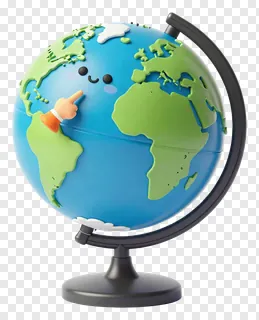 A globe with a cartoon face and a pointing hand.