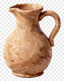 A terracotta jug with a handle.