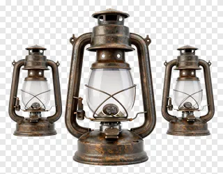 Three brass oil lamps lined up side by side.