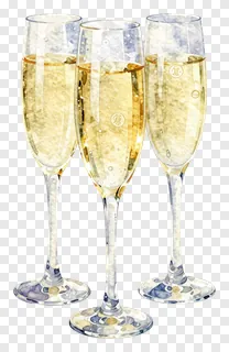 Three watercolor champagne glasses filled with bubbly liquid.