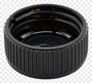 A black plastic bottle cap with ridges.