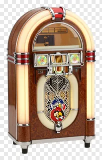 Vintage 1950s diner jukebox with illuminated sides and decorative front panel.