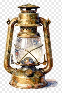A watercolor illustration of a brass oil lamp with a glass globe.