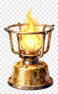 A watercolor illustration of a dhunuchi burner with a bright flame.