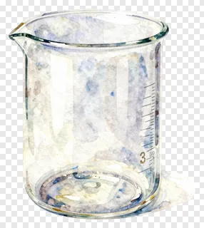 A watercolor-style glass beaker half filled with liquid.