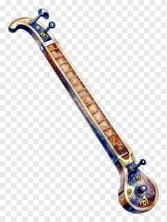 A watercolor-style Saraswati veena with decorative patterns.