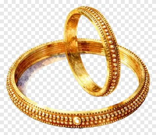 Two gold bangles with pearl inlays stacked together.