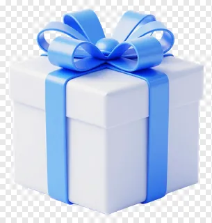 A white gift box with a blue ribbon bow.