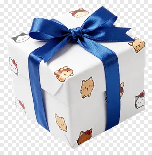 A white gift box with a blue ribbon bow and cat stickers.