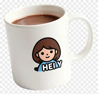 White mug with cartoon girl sticker and hot chocolate.
