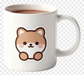 A white mug with a Shiba Inu sticker and hot chocolate.