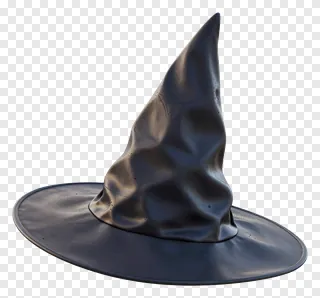 A black witch hat with embossed symbols.