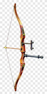 A decorative wooden bow equipped with metallic components holding an arrow.