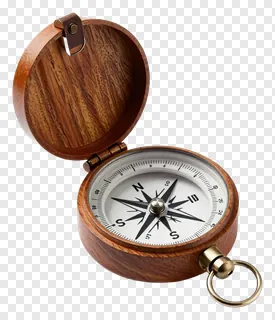 Open wooden compass with leather strap and brass ring.