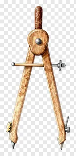 A wooden drafting compass with metal points and adjustment knobs.