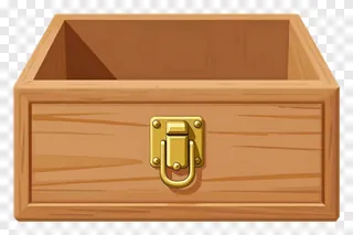 Wooden drawer with brass latch, open and empty.