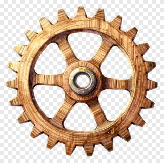 A wooden gear with brass teeth and a central hub.