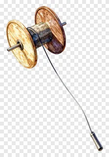 A wooden kite string spool with a metal axle and a thin line.