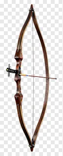 A detailed view of a wooden longbow with an arrow nocked.