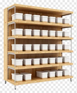 Wooden shelf with white storage boxes.