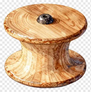 An empty wooden spool with a central hole.