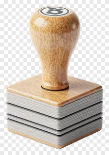 A wooden stamp with stacked rubber layers.
