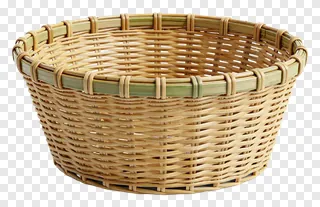 A woven bamboo basket with green trim on a white background.