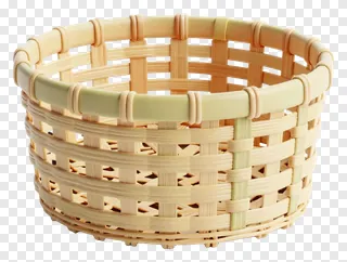 A small woven bamboo basket with green accents.