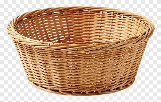 A woven wicker basket with a shallow, oval shape.