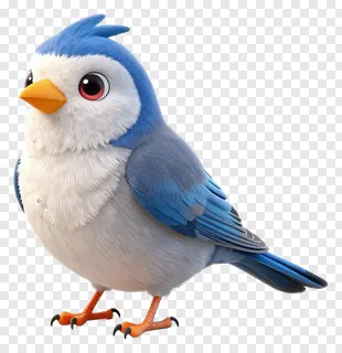 A blue and white animated bird standing upright.