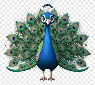 A blue peacock showing off its fanned-out tail feathers.