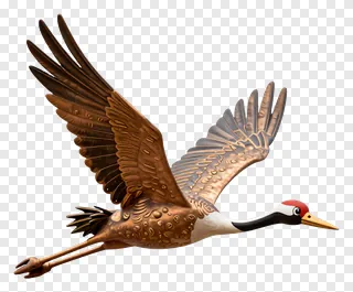A bronze crane flying with outstretched wings.
