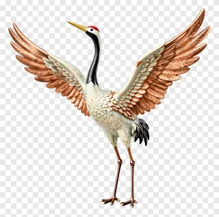 Ceramic crane with copper wings standing.