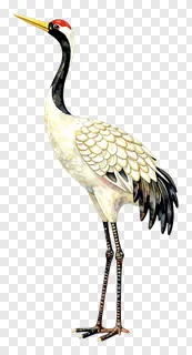 A ceramic crane with a gold beak standing upright.