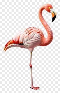 A ceramic flamingo with a painted beak standing on one leg.