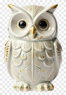 Ceramic owl with detailed feather design and gold trim.