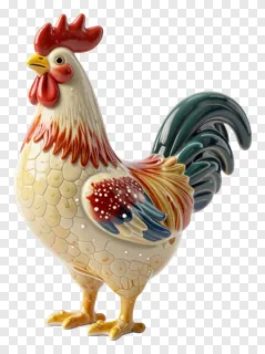 A ceramic rooster figurine with red comb and colorful feathers.