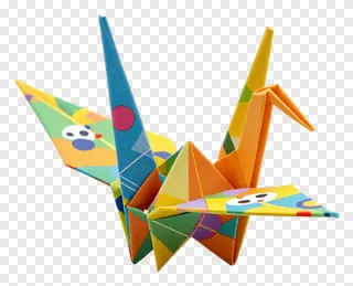 A colorful origami crane made from patterned paper.