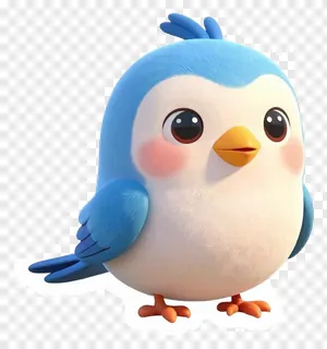 A cute blue animated bird with a yellow beak and orange feet.