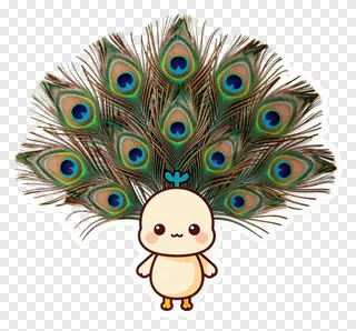 A cute cartoon peacock with fanned-out colorful feathers.
