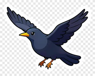 A cartoon starling flying with wings spread.